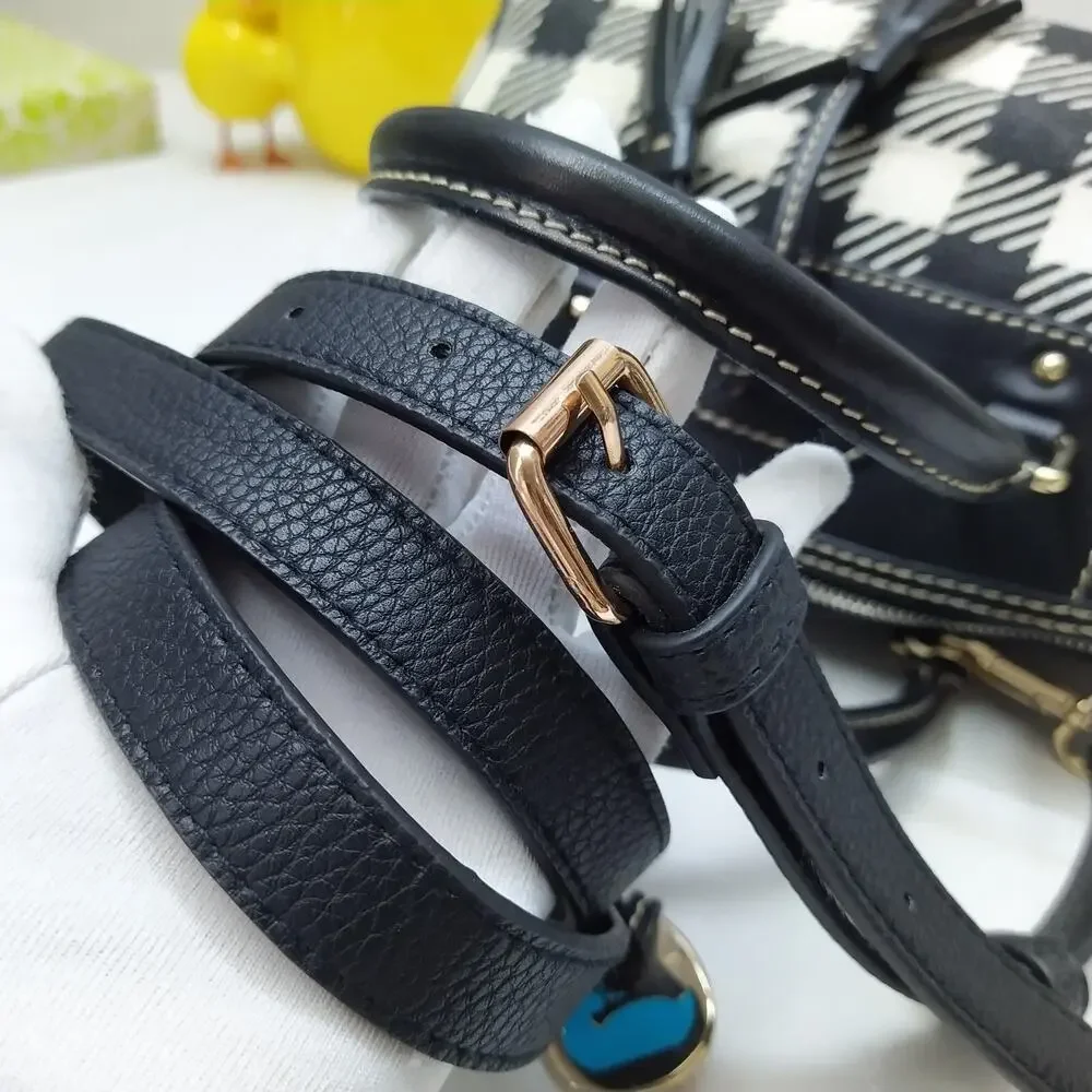 Dooney & Bourke Black White Checker Canvas Leather Trim Top Handle Satchel Bag